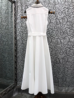 Robe longue 100 % coton, style été 2026, col rabattu, broderie noire, blocs de couleur, ceinture décorative, sans manches, robe longue blanche pour femme