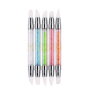 Juego de 5 pinceles de silicona para decoración de uñas, pinceles de doble punta para pegamento de uñas, mango rosa cristal y oro rosa, pinceles para manicura de salón - Product Image 1