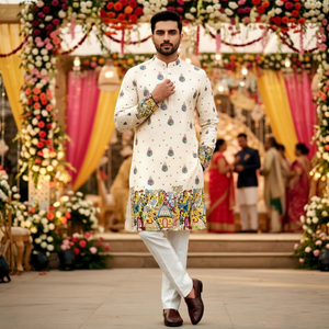 Kurta en coton pour homme, broderie artisanale, coupe classique, longueur cheville, tenue traditionnelle indienne et pakistanaise pour mariage, imprimé à la main - Product Image 1