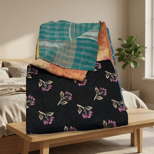 MAYURI CREATIONS Artisan Crafted Kantha Quilt Reversible Cotton Throw Blanket Vintage Floral Stitch Work 30 Count 100TC - Product Image 2
