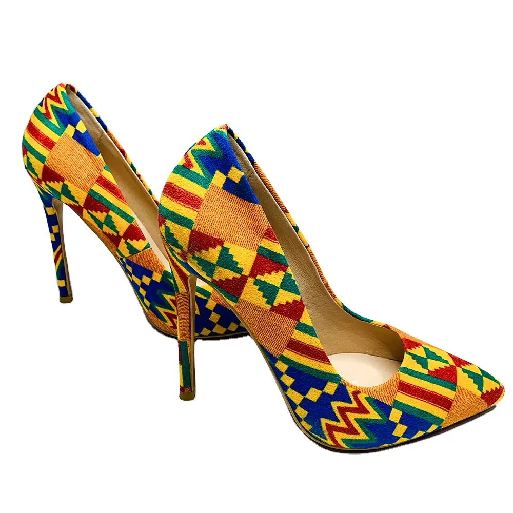 फैशन नवीनतम शैली अफ्रीकी मोम Kente फैशन महिलाओं ऊँची एड़ी के जूते कार्यालय जूते अच्छी गुणवत्ता के साथ