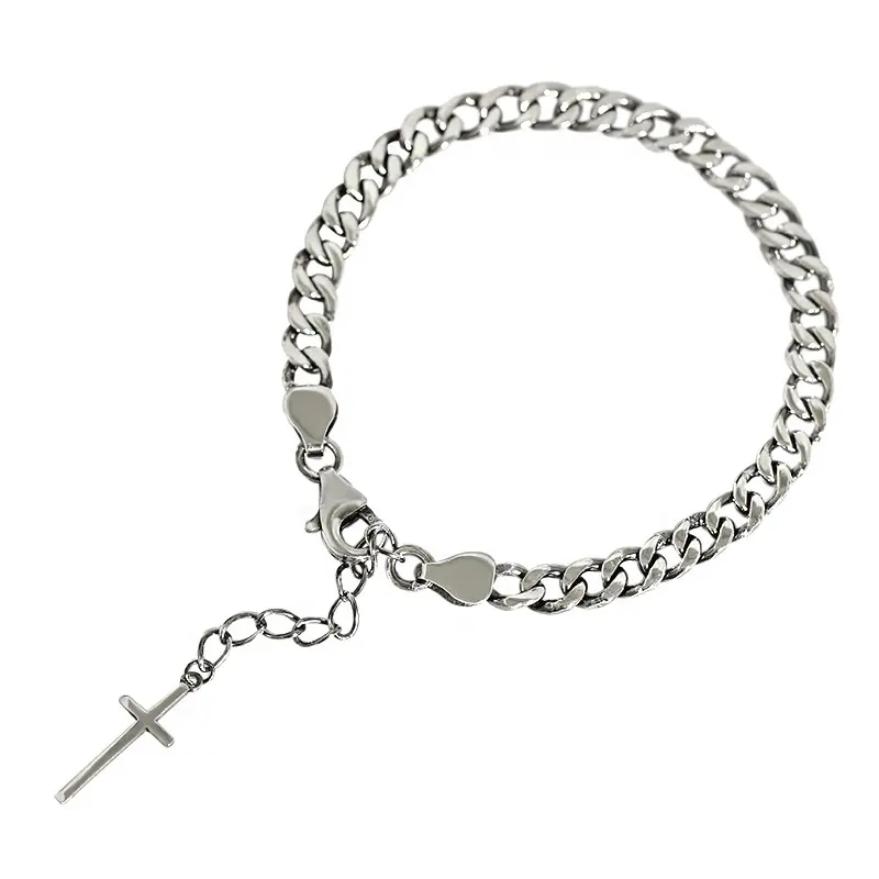 NewSB41 ancient silver punk chain men's 925 silver cross charm bracelet