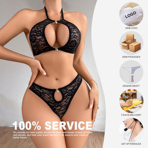 Women's High Quality 2-Piece Floral Lace Silk Lingerie Set Halter Bra Cut Out with Heart Ring Sexy Brief Linked Cat Character - Product Image 3