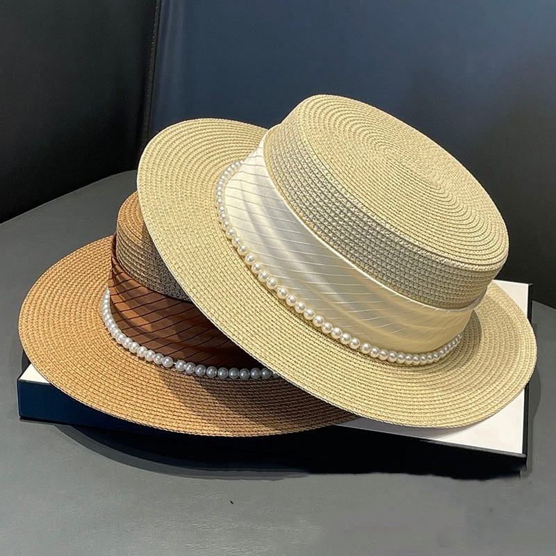 Sun Hat French Boater Hat Straw Boater Hat With Pearl Decoration