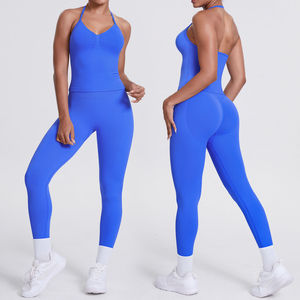 2 Piece <b>Yoga</b> <b>Set</b> Halter Neck High Waist Full Length Leggings Seamless Ruched Butt Four-Way Stretch Solid Color - Product Image 1