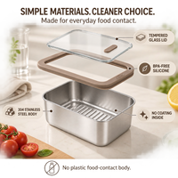Boîte à lunch Shangwey en acier inoxydable 304 avec couvercle en verre transparent et bord orange, étui de rangement alimentaire portable, idéal pour la cuisine, le travail et les pique-niques