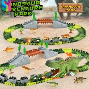 SY Set kereta balap dinosaurus fleksibel, mainan mobil dinosaurus DIY dengan kereta listrik 121 buah