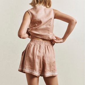 OOTD New Arrival Vintage Canvas <b>Linen</b> Clothing Casual Loose Crew Neck Top for Women Elastic Waist Shorts <b>Set</b> - Product Image 3