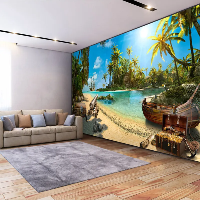 Özel herhangi bir boyut 3D duvar resmi duvar kağıdı ev dekor kumlu plaj hindistan cevizi ağaçları deniz ada peyzaj duvar tablosu fotoğraf duvar kağıdı