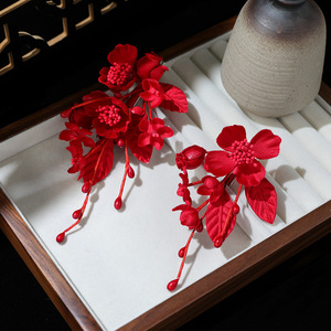 New wine-red floral handmade 3D minimalist toast dress headdress clip <b>wedding</b> ancient style cheongsam bridal hair <b>accessory</b> - Product Image 4