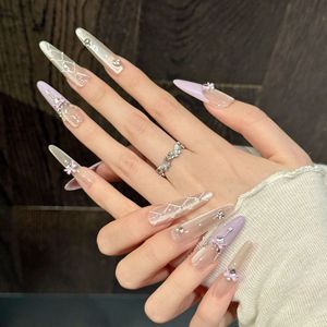 Qianya - Juego <span class=keywords><strong>de</strong></span> <span class=keywords><strong>Uñas</strong></span> Postizas Acrílicas Hechas a Mano, Color Morado Degradado, con <span class=keywords><strong>Diseño</strong></span> <span class=keywords><strong>de</strong></span> Lazo y Mariposa, Talladas en 3D, para Mujer, Venta al por Mayor - Product Image 4