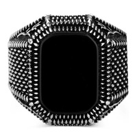 Vente flash Bague en argent vieilli plaqué pour homme, style rétro, agate naturelle, bague turque pour homme, bague signet carrée noire
