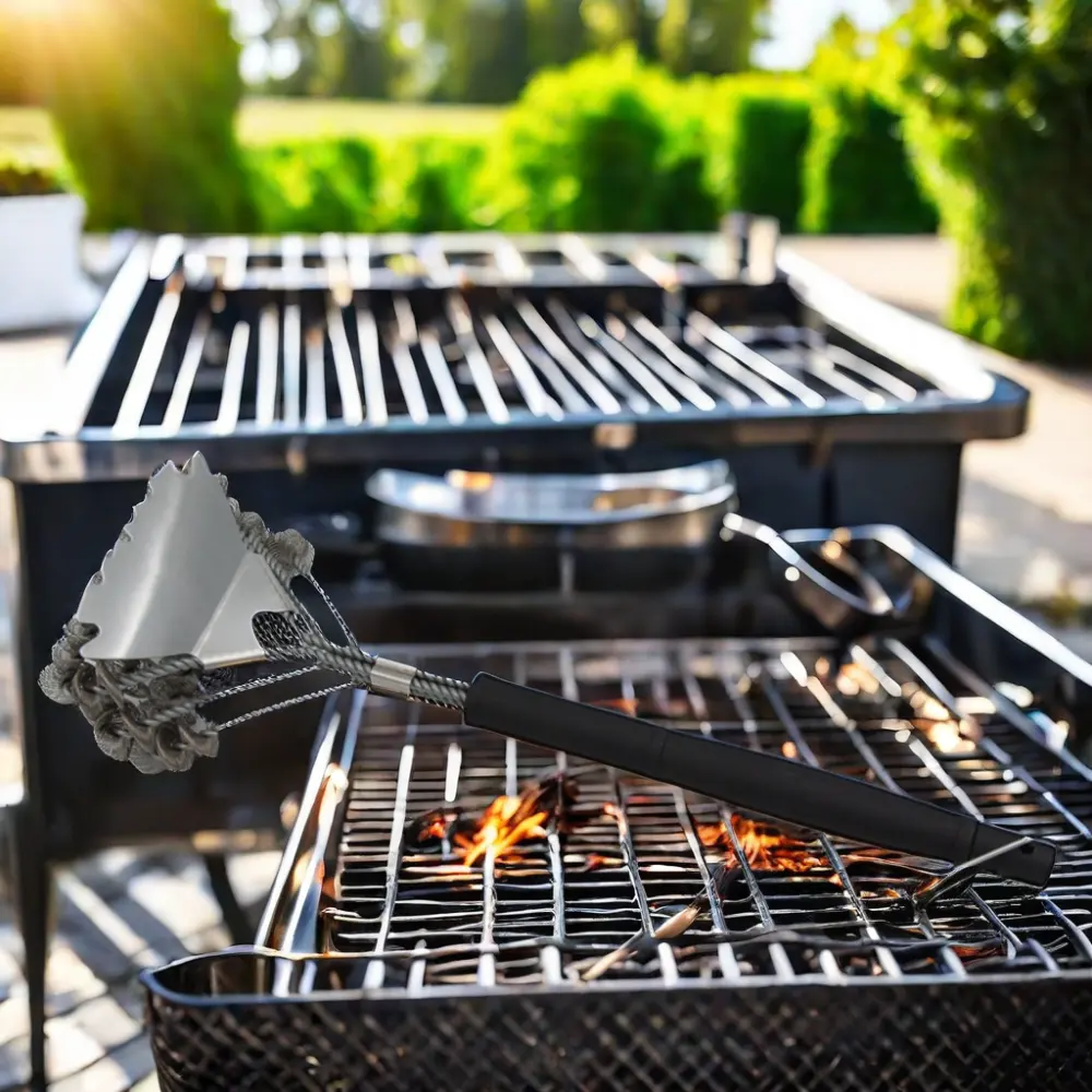 Diskon besar alat pembersih panggangan BBQ Sikat logam berlapis krom dan sikat pembersih jaring panggangan pengeruk