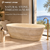 Baignoire ovale autoportante en travertin beige de luxe PerfectStone, tailles personnalisées, pierre naturelle, pour hôtel, villa, salle de bain