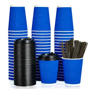 Biodegradable compostable sleeves and stirring sticks disposable black hot paper coffee cups with lids double wall cups