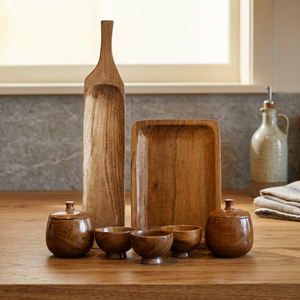 Juego de bandejas de madera con tazones y tarros con tapa, diseño minimalista, accesorios decorativos de madera hechos a mano para servir. - Product Image 3
