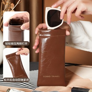 Lehuo Travel Sunglasses Case Brown Leather Automatic Closing <b>Spring</b> <b>Clip</b> Rectangle Eyeglasses Storage Bag - Product Image 1