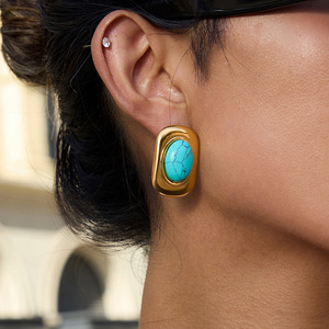 Geometric <b>Turquoise</b> <b>Stud</b> <b>Earrings</b> Gold Plated Stainless Steel Bezel Setting Everyday Wear Jewelry - Product Image 3