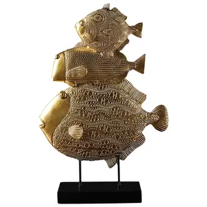 Abstract Polyresin Woondecoratie Sculptuur Goud Oceaan Vissen Standbeeld Ornamenten Handwerk