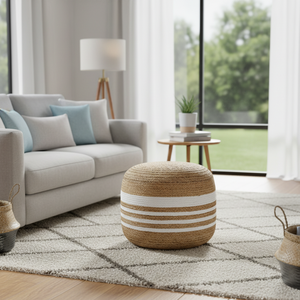 Poufs décoratifs multifonctionnels ronds en jute et coton tressé, design moderne, faits à la main, 2 pièces - Product Image 3
