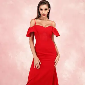 Hoge Kwaliteit Dames Elegante Rode Lange Prom Off Shoulder Avond Bodycon Jurken