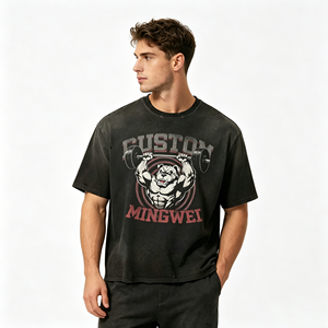 Camiseta de gimnasio de 240GSM de alto gramaje con gráfico personalizado de Bulldog levantando pesas, fabricada con efecto desgastado y lavado ácido, estilo Pump Cover - Product Image 2
