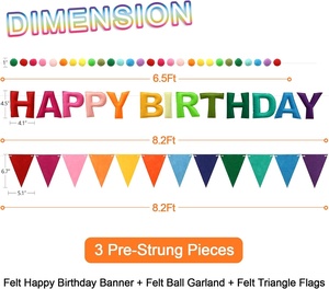 Guirlande en feutre pré-enfilée à motif arc-en-ciel Joyeux Anniversaire, décorations d'anniversaire colorées |   Articles de fête réutilisables pour l'intérieur - Product Image 2