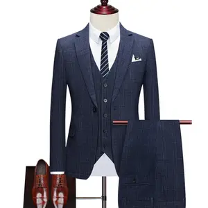 Temperament Plaid Casual Office Heren Set Bruidegom Bruiloft Slipjas 3-delige Pak Jas