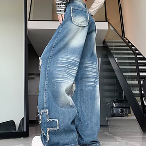 Jeans en denim déchiré brodé <span class=keywords><strong>avec</strong></span> patch Y2K, imprimé graffiti vintage, jeans pour femmes, style élégant, franges croisées, pantalon baggy - Product Image 4
