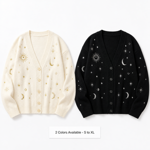 Cardigan in <span class=keywords><strong>Maglia</strong></span> OEM Personalizzato per Donna <span class=keywords><strong>con</strong></span> Ricamo Celeste Sole Luna Stelle, Scollo a V e Bottoni Frontali, Vendita all'Ingrosso - Product Image 5