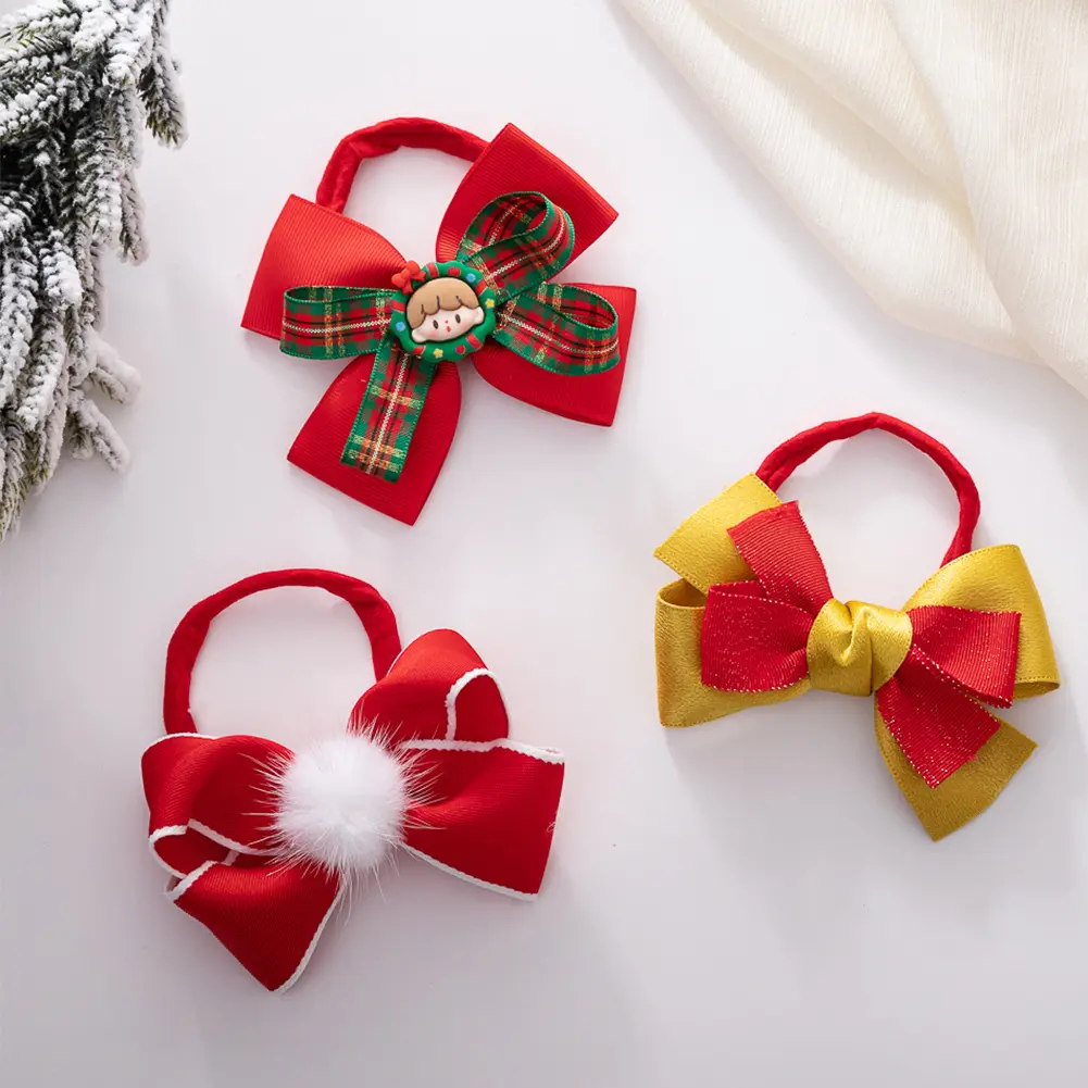 Venta caliente bebé diadema roja Navidad Nylon Hairbows impresión personalizada bandas para el cabello Año Nuevo suministros de fotografía