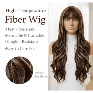 Peluca <span class=keywords><strong>de</strong></span> Encaje Completo Sintética Ondulada Larga Marrón Oscuro con Flequillo, Precio Mayorista <span class=keywords><strong>de</strong></span> Fábrica, Cabello <span class=keywords><strong>Natural</strong></span> para Mujer, Resistente al Calor - Product Image 1