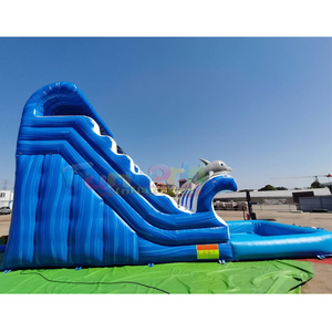 สไลเดอร์น้ำเป่าลมรูปโลมาแบบสองเลนสีฟ้าสำหรับใช้งานเชิงพาณิชย์ พร้อมสระน้ำกระเซ็น - Product Image 3