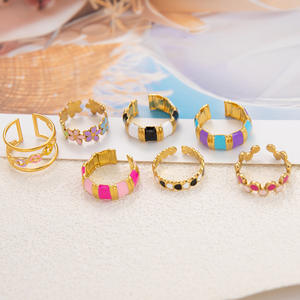 Fashion <b>Rings</b> Women's Stainless Steel 18K Gold Plated Open <b>Ring</b> Colorful Flower Pattern Party Jewelry - Product Image 3