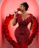 Robes de Soirée Sirène Rouges à Fleurs 3D Classique Africain George Imprimés Multicolores Brodés Luxe Tenue Traditionnelle