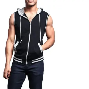 Áo Hoodie Kéo Khóa Không Tay Cho Nam Có Viền Tương Phản Áo Hoodie Tập Gym 100 Cotton Áo Khoác Dạo Phố Có Mũ Terry Kiểu Pháp