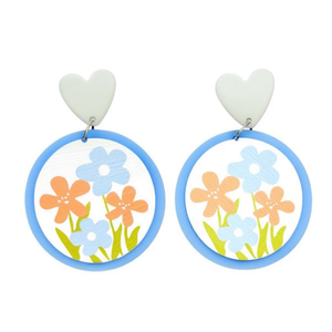 Boucles d'oreilles à breloques florales, rondes, bleues, orange, roses, en acrylique, pour femmes, mignonnes, 12 pièces - Product Image 2