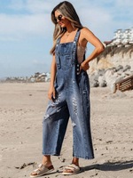 Salopette en jean ample et décontractée pour femme, style vintage, jambes larges, déchirée et délavée, respirante, avec boutons, idéale pour les vacances