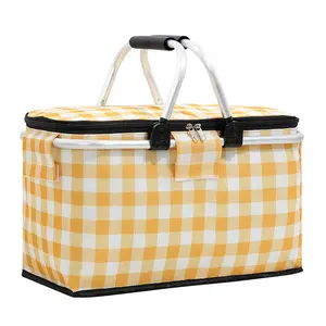 2024 New Fashion Reusable Hard Metal Handle Thermal Insulated Polyester Grocery Cooler Carry Picnic BBQ Lunch Basket Tote Bag