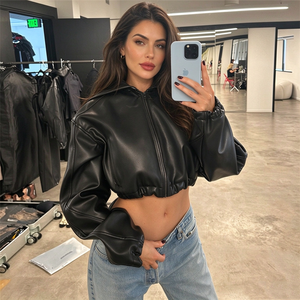 Wholesale Women Cropped Leather Hooded <b>Jacket</b> Custom High Quality PU Leather Cropped Bomber Zip Up Winter <b>Short</b> <b>Jacket</b> TKAN1018 - Product Image 1