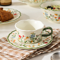 Set Cangkir dan Tatakan Kopi Teh Espresso Latte Keramik Porselen Eropa Vintage Rustic Putih Hijau Desain Baru