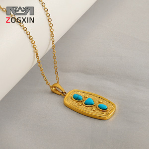 Gold Plated Turquoise Pendant Necklace Geometric Oval Shape 18K Purity Festivals And Celebrations - Product Image 2