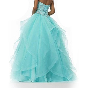 Pink Ball Gown Evening Dress Strapless Beaded Organza Tiered Skirt Formal Prom Dress - Product Image 3