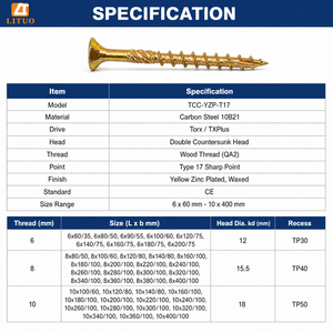 <span class=keywords><strong>Viti</strong></span> <span class=keywords><strong>per</strong></span> <span class=keywords><strong>Legno</strong></span> Torx Tipo 17 con Testa Piatta CSK, Placcate in Zinco Giallo, Qualità Professionale, Direttamente dalla Fabbrica - Product Image 4