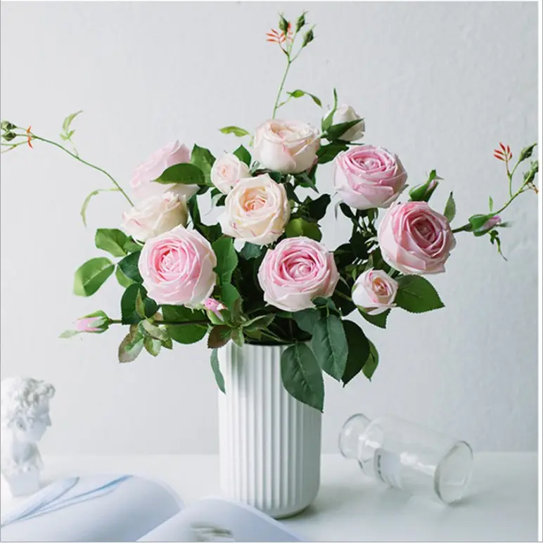 Rose artificielle colorée avec 2 têtes de fleur, 50/lot, fausses fleurs, pour décorer la maison, pour un mariage, vente d'usine