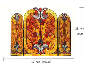 Écran de cheminée en vitrail, 3 panneaux, motif floral, décoration traditionnelle, couleur bleue, forme rectangulaire, décoration artistique, 100*70CM - Product Image 6