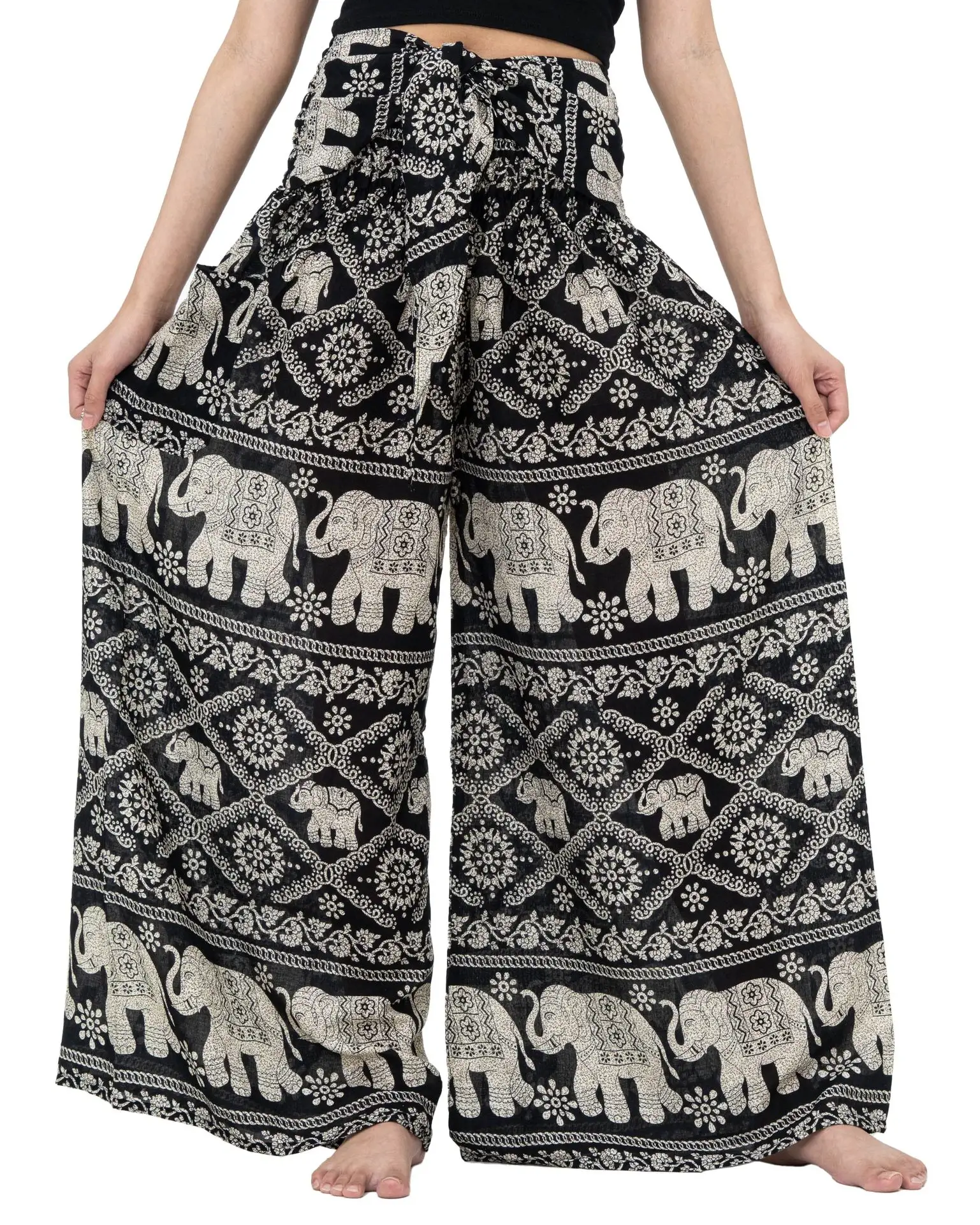 Pantalon smocké taille large pour femme, imprimé africain, pantalon indien avec poche latérale