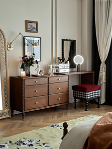 Premium Walnut 6-Drawer Dresser <b>Desk</b> Combo <b>Extendable</b> Vanity Set With Turned Leg For Bedroom - Product Image 2
