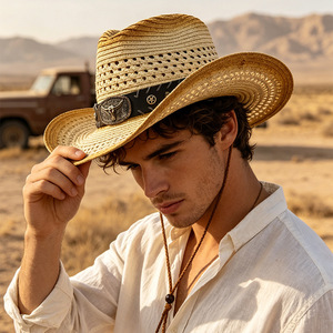 Hollow Out Western Straw Cowboy <b>Hat</b> Breathable Panama Sun <b>Hat</b> Outdoor UV Protection Jazz Beach Cap - Product Image 1