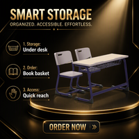 Ensemble de chaise de bureau scolaire moderne à double siège avec dossier intégré, trou pour les mains, rangement sous le bureau, cadre métallique, finition aspect bois stratifié